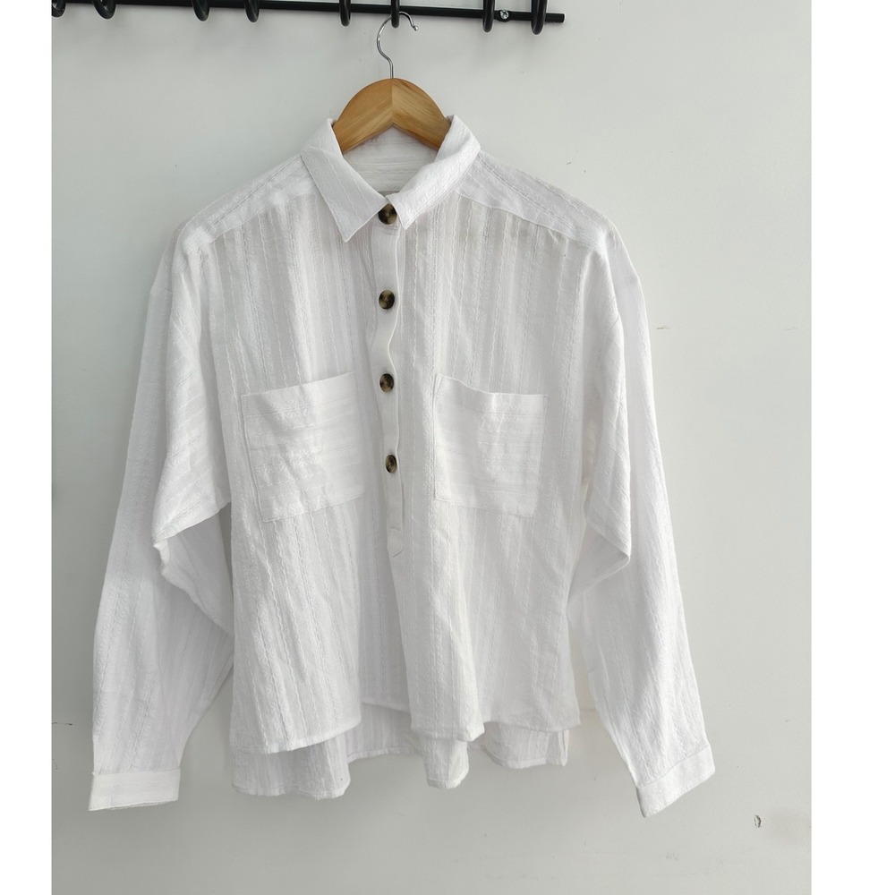 Loft White Textured Cotton Button Up Shirt Long Sleeve Small NWT Minimalist